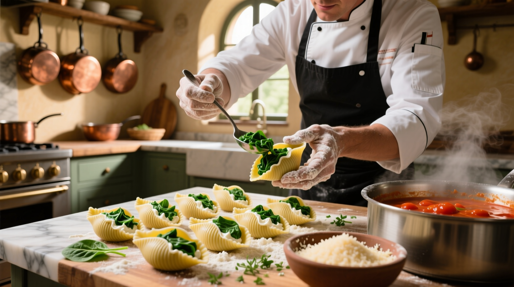 Chef preparing ricotta spinach stuffed pasta shells