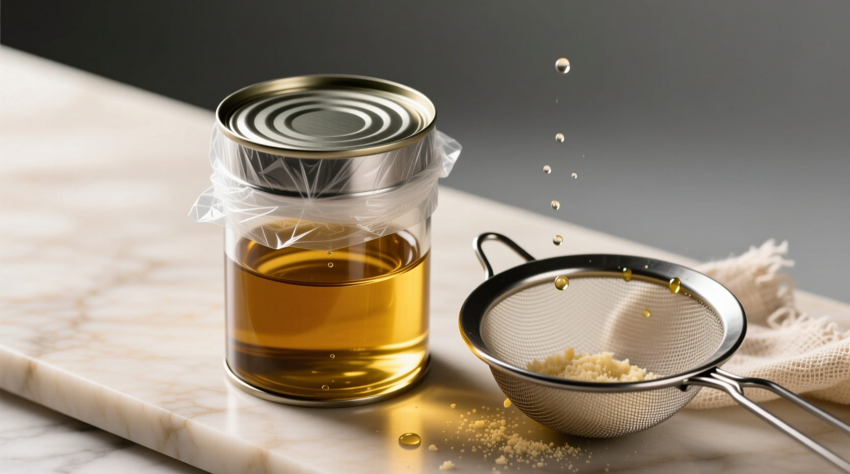 Proper oil storage: Metal container with plastic wrap seal under lid, strained through cheesecloth-lined sieve