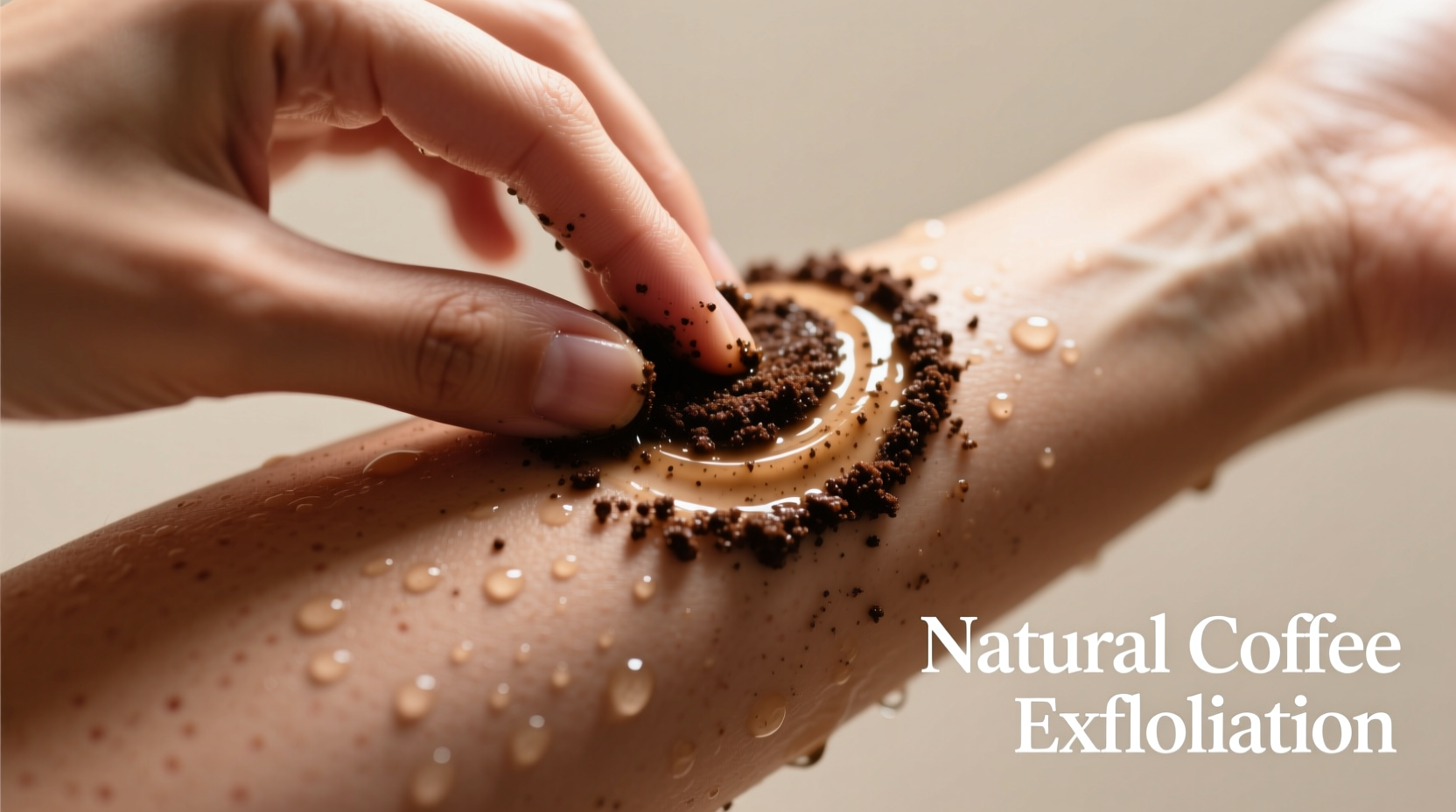 Hand applying coffee scrub in circular motion on arm