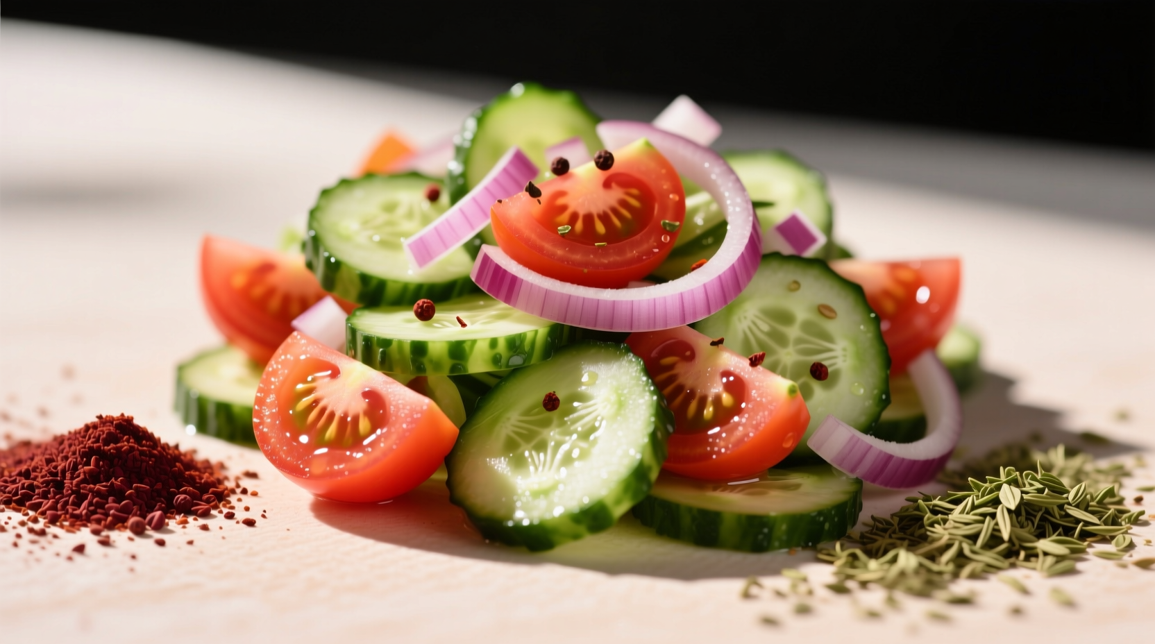 Close-up of cucumber tomato onion salad with visible spice flecks - sumac on left side, za'atar on right