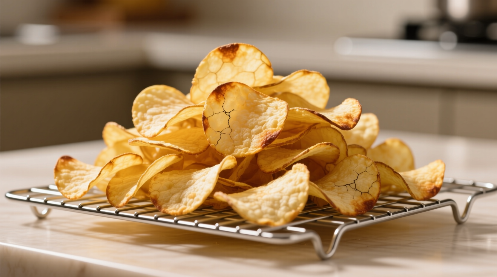 Golden oven-baked potato chips on wire rack