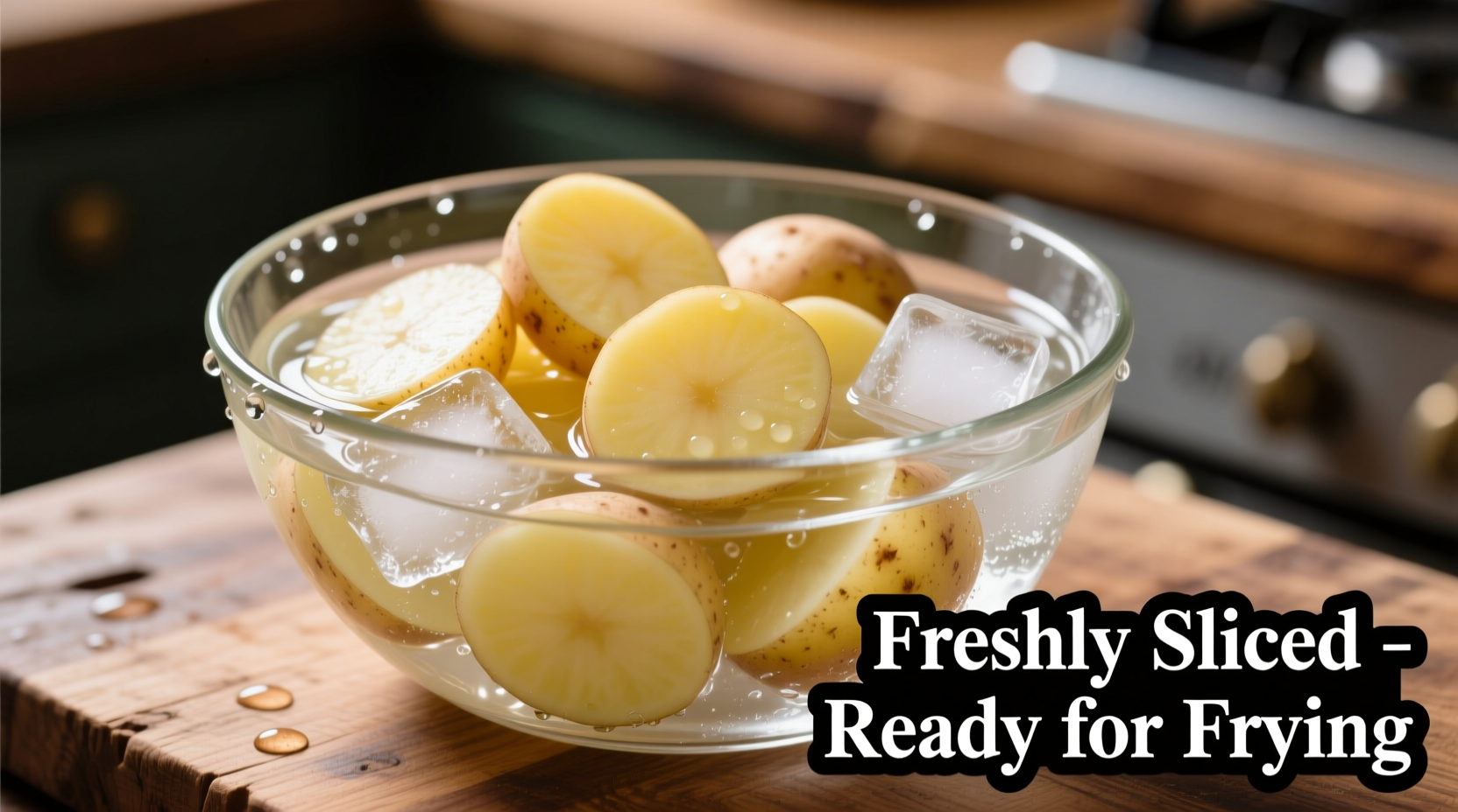 Freshly sliced potatoes in ice water before frying