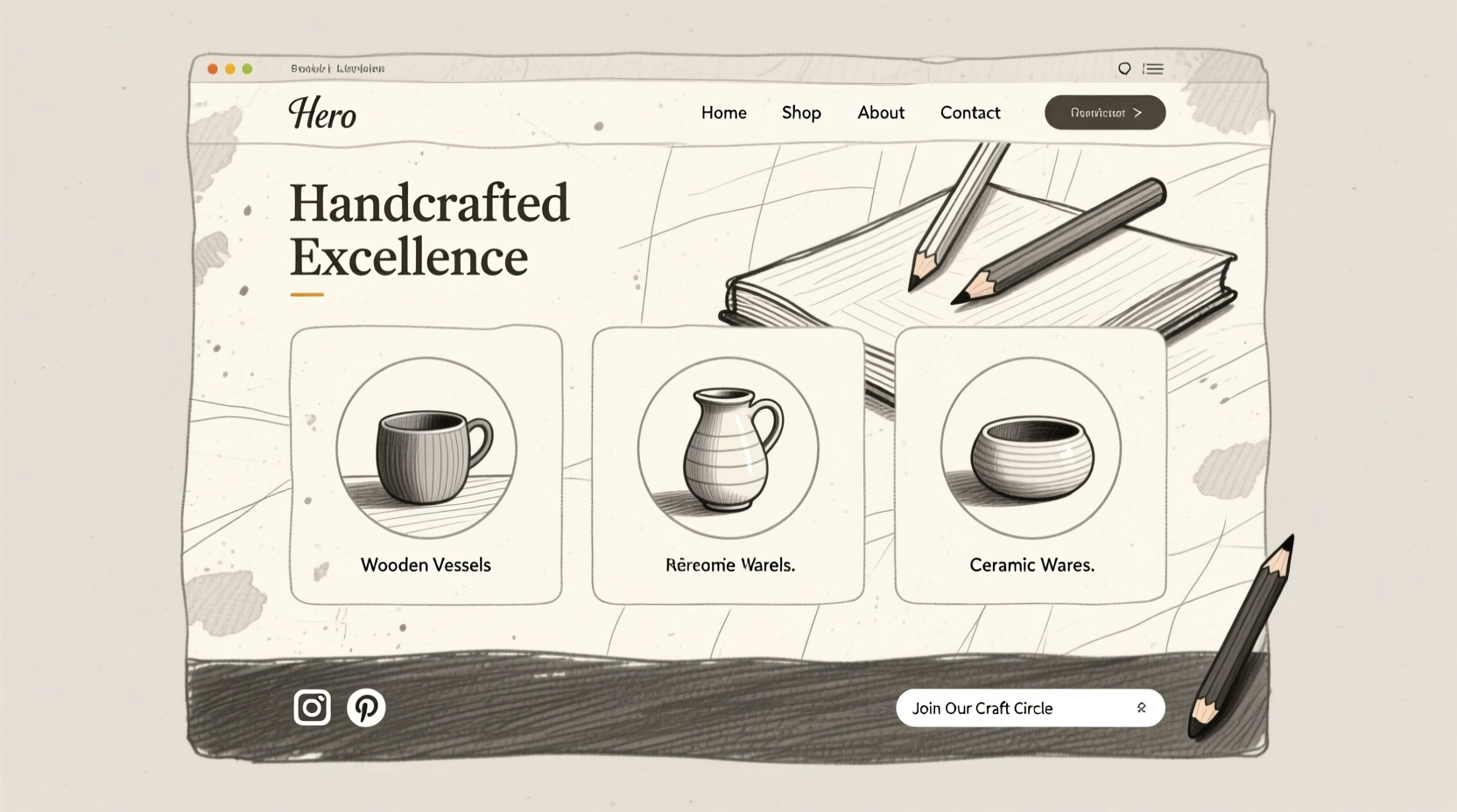 Hand-drawn wireframe of craft landing page layout