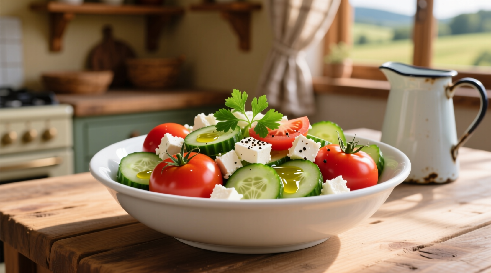 Fresh tomato cucumber and feta salad in white bowl
