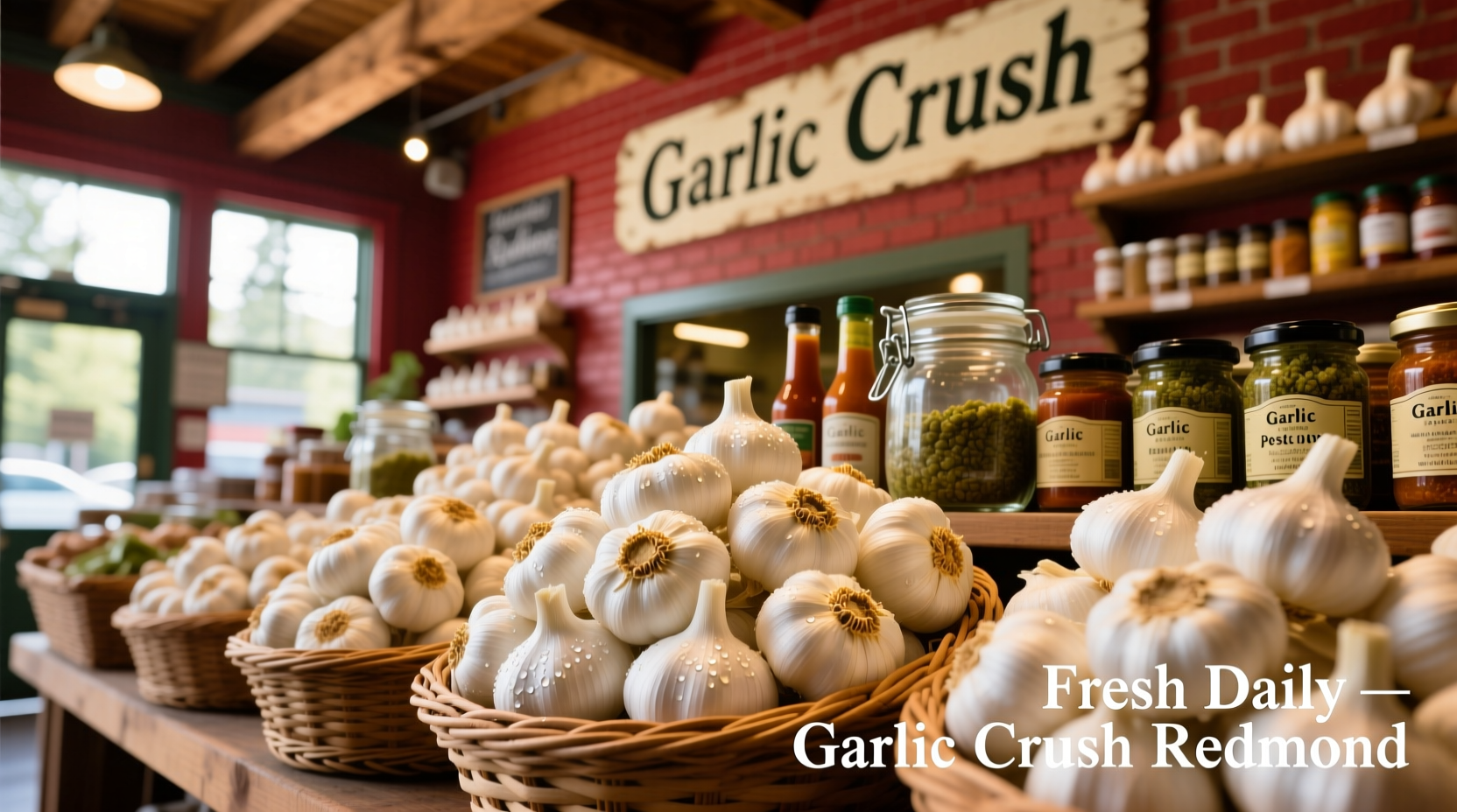 Fresh garlic display at Garlic Crush Redmond storefront