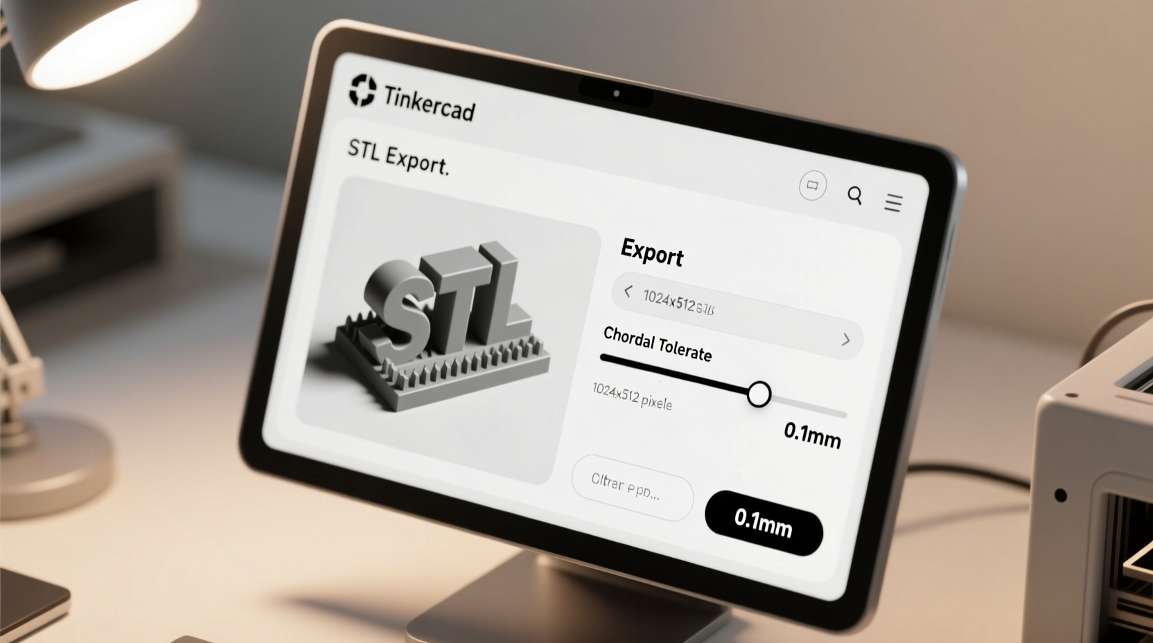Tinkercad interface showing STL export settings with chordal tolerance slider at 0.1mm