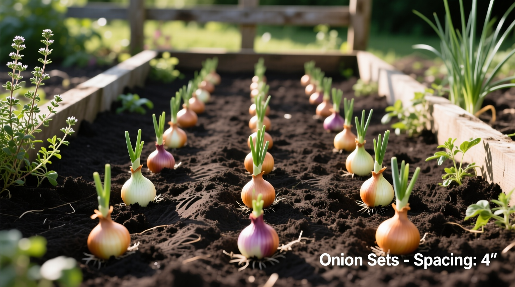 Properly spaced onion sets in prepared garden bed