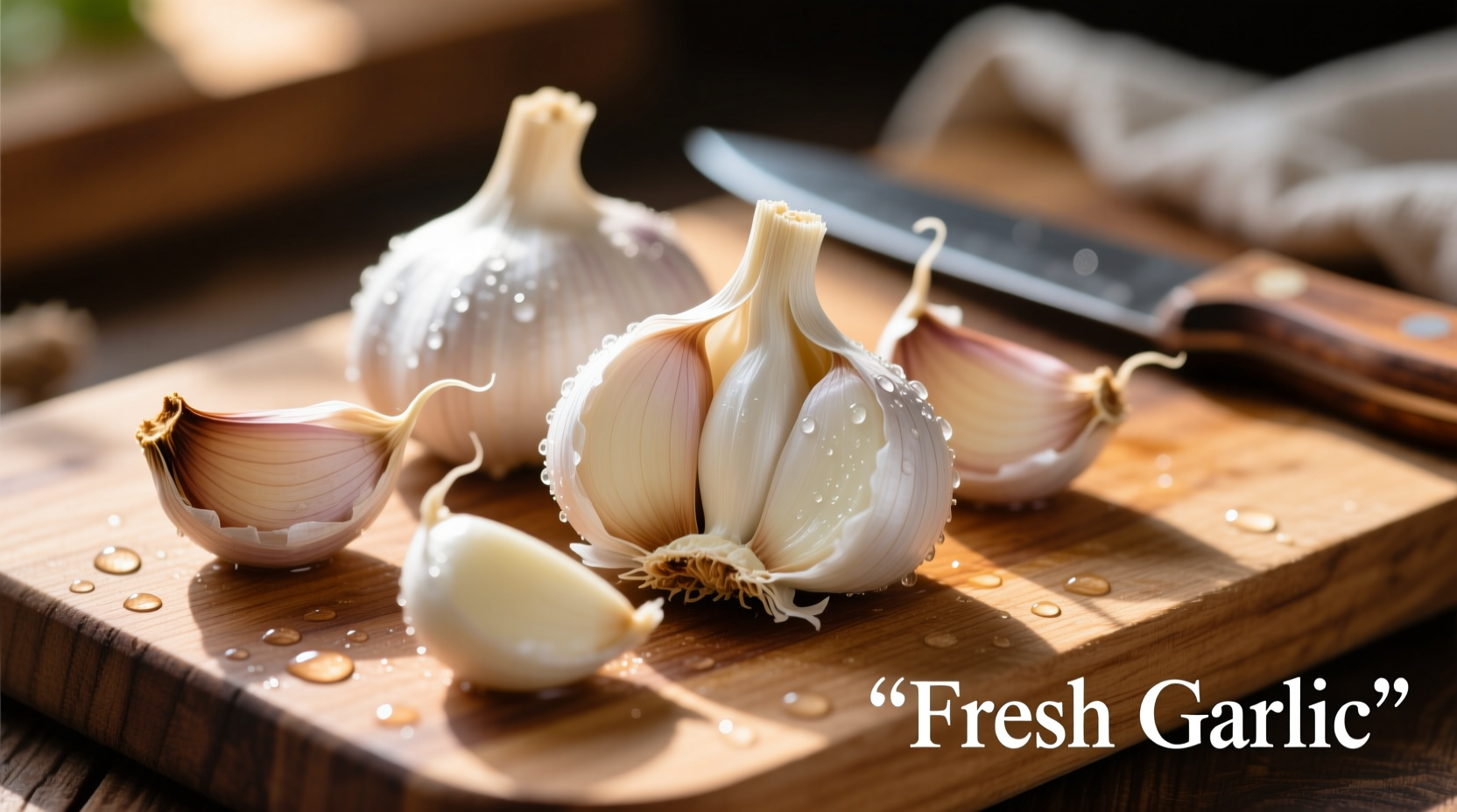 Fresh garlic cloves with peeled sections on cutting board