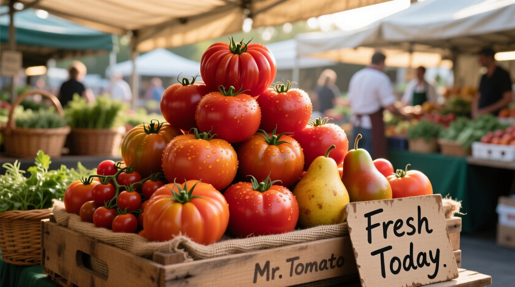 Frische Tomatenanzeige im Mr. Tomato Markt mit Sortenvergleich