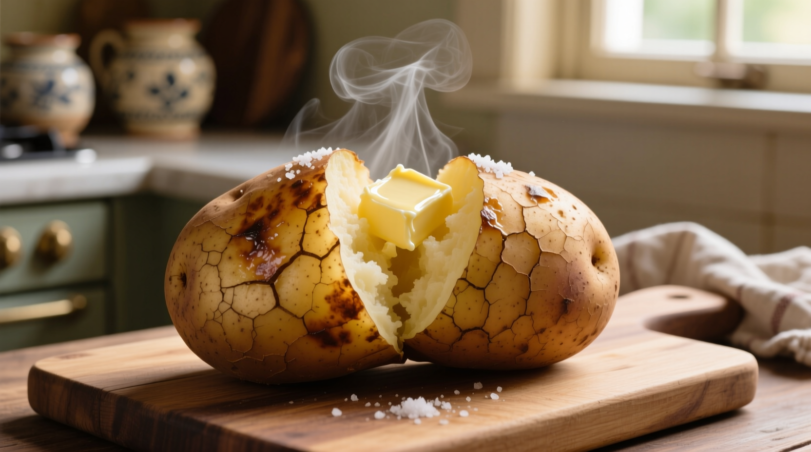 Perfectly baked large russet potato with steam rising