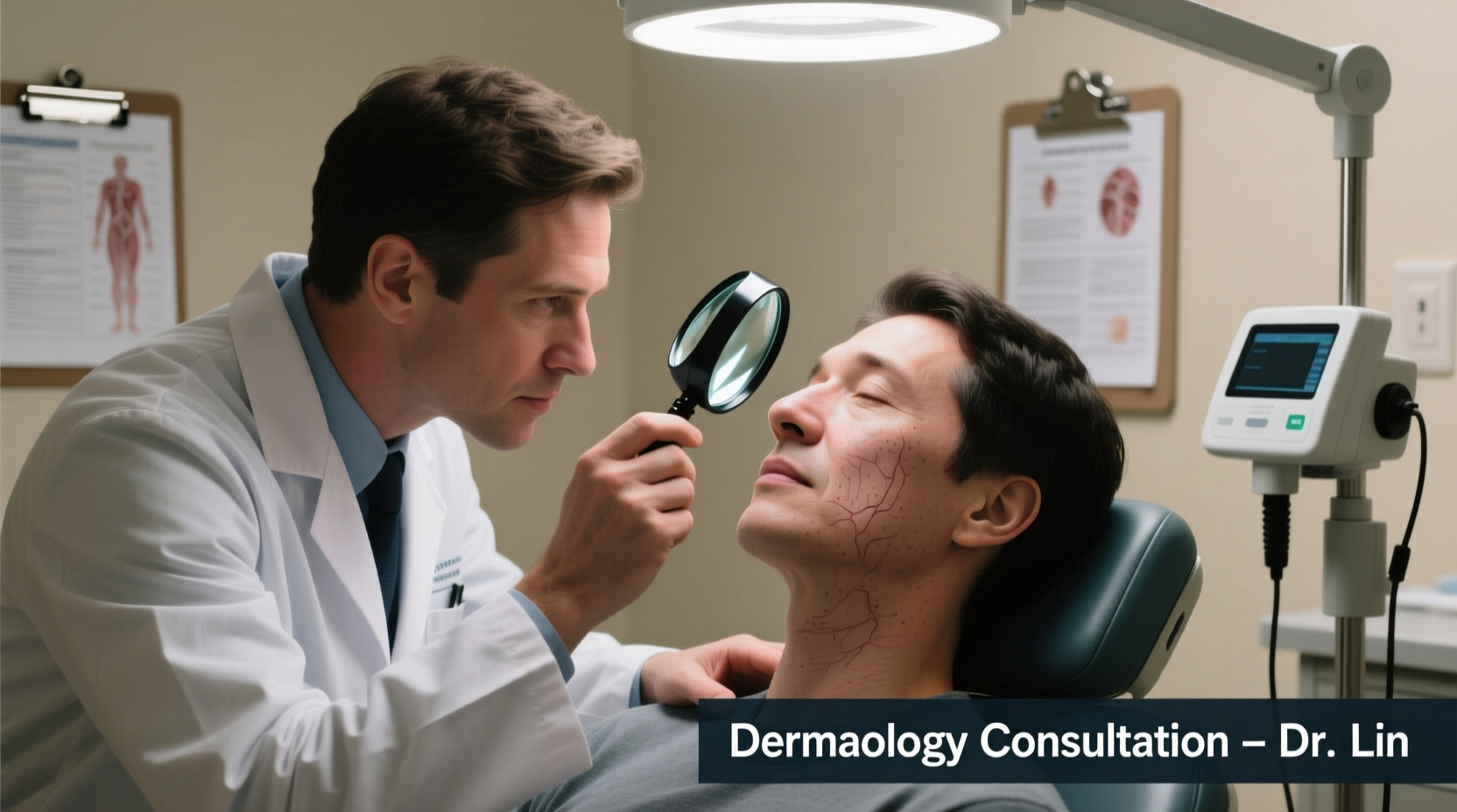 Dermatologist examining nasal skin with magnifying tool