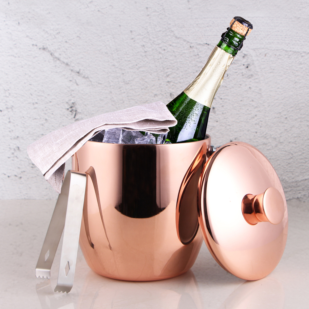 亚马逊镀铜绝缘金属不锈钢葡萄酒啤酒冰桶,带盖和钳 - buy metal ice