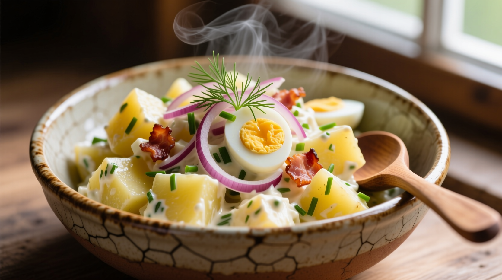 Traditional German potato salad in ceramic bowl