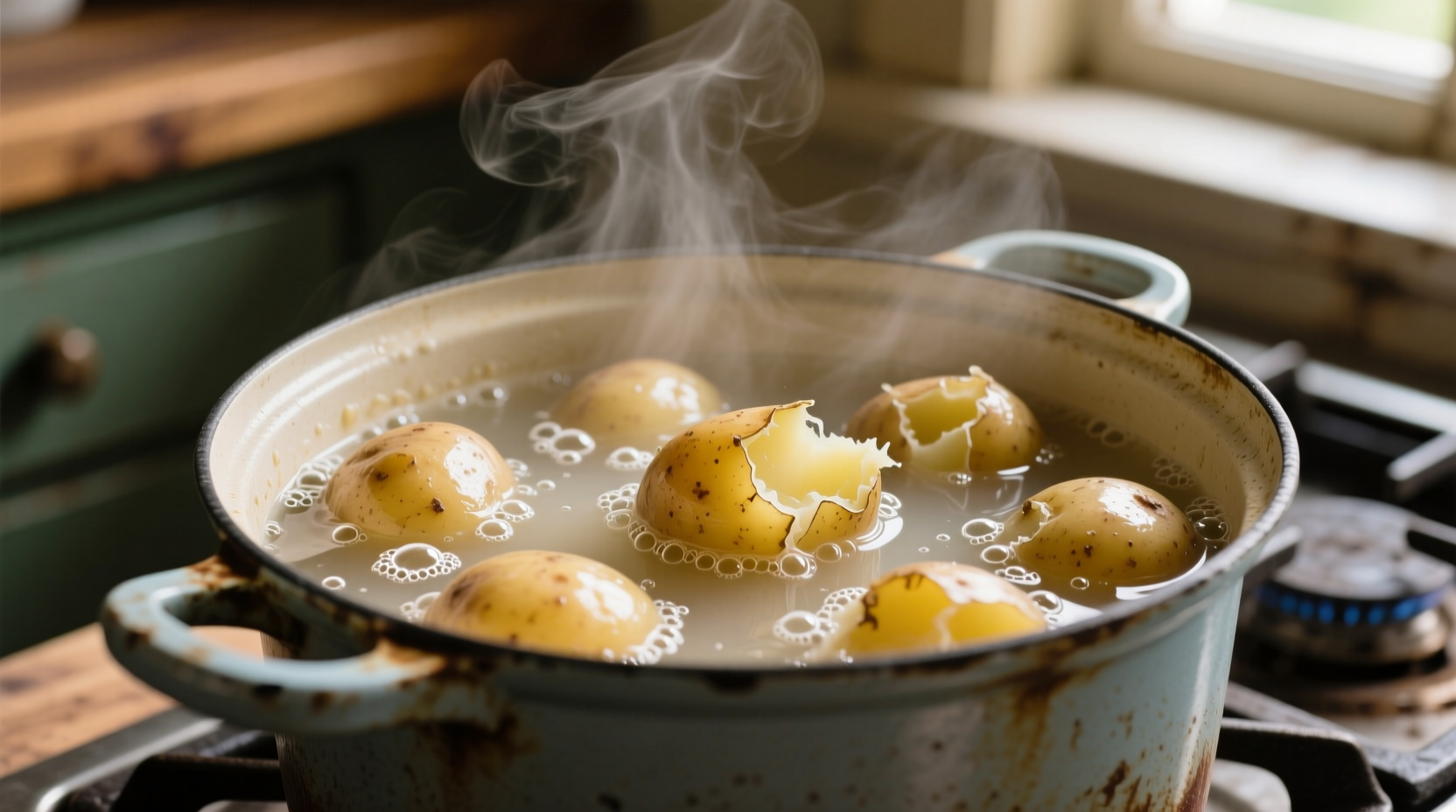 Overcooked potatoes in a pot showing waterlogged texture