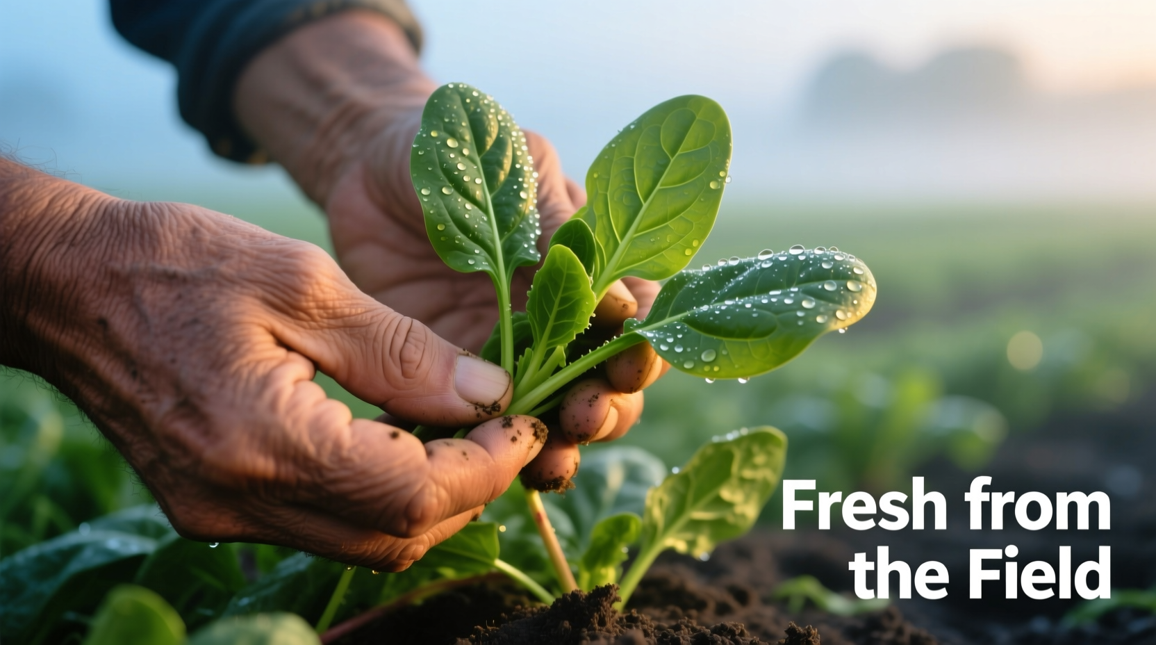 Hand harvesting fresh spinach leaves in morning dew