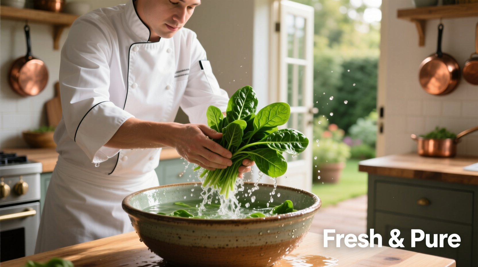 Chef washing fresh spinach in a large bowl