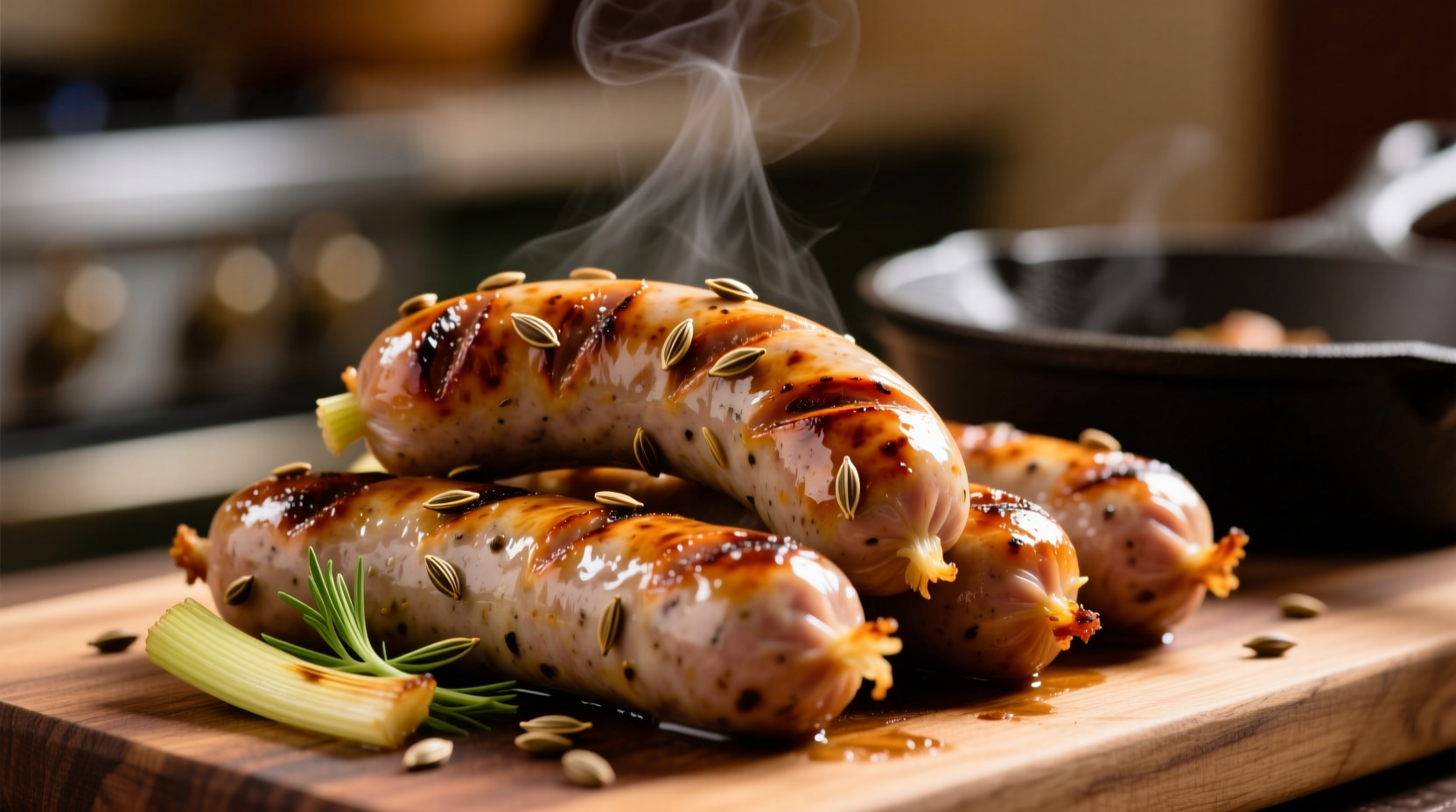 Freshly cooked fennel sausage links with visible fennel seeds