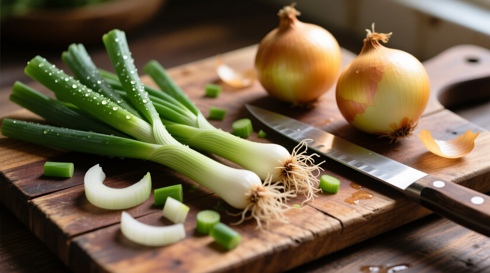 Fresh green onions and sweet onions on wooden cutting board