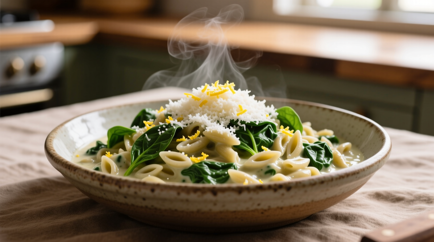 Creamy spinach orzo with lemon zest and parmesan