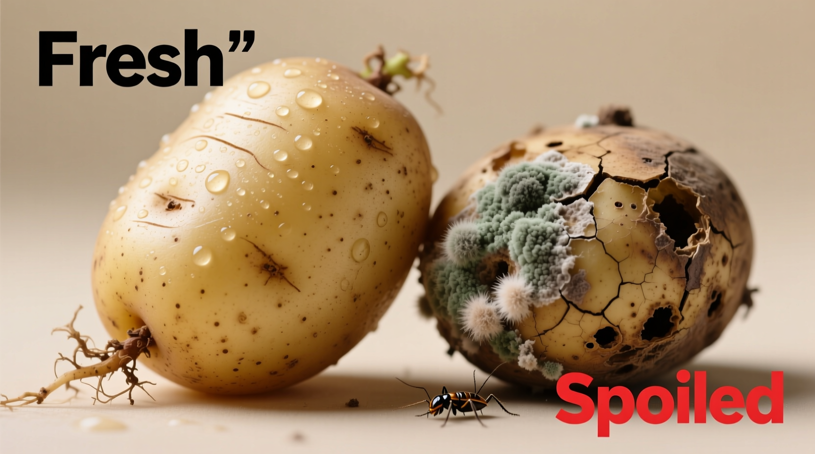 Close-up of fresh versus spoiled potatoes showing texture differences