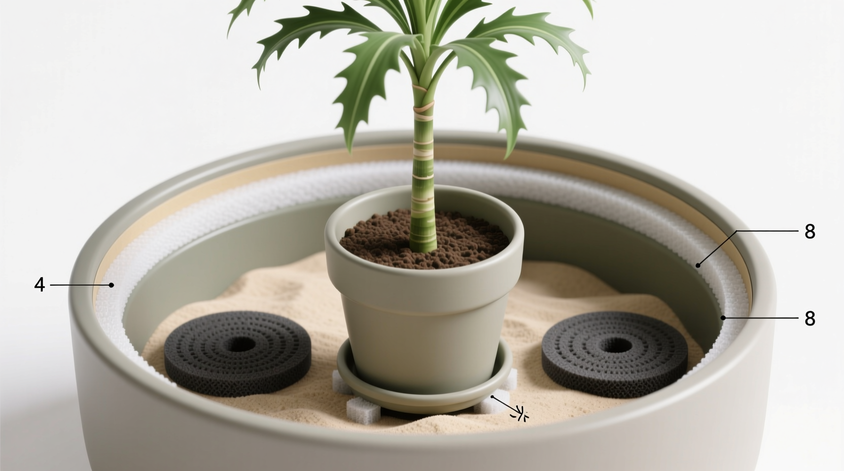Side-view diagram showing a tall dracaena in a nursery pot nested inside a wider outer planter; two circular neoprene sand discs sit beneath the outer pot’s base at 4 and 8 o'clock positions, with closed-cell foam tape visible along the inner upper rim of the outer pot