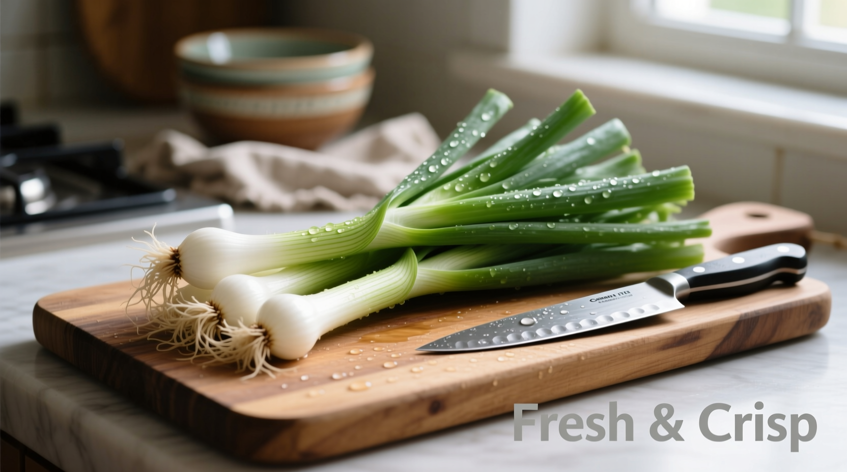 Fresh scallions with white bulbs and green stalks on cutting board