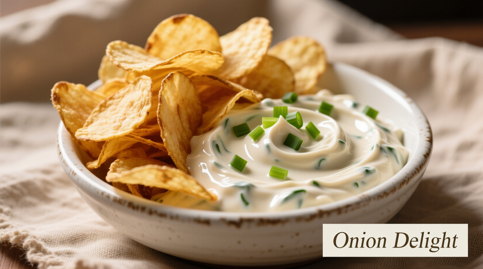 Creamy onion dip in white bowl with potato chips