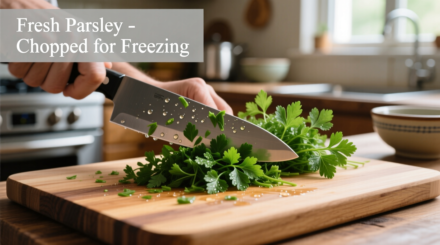 Fresh parsley being chopped for freezing