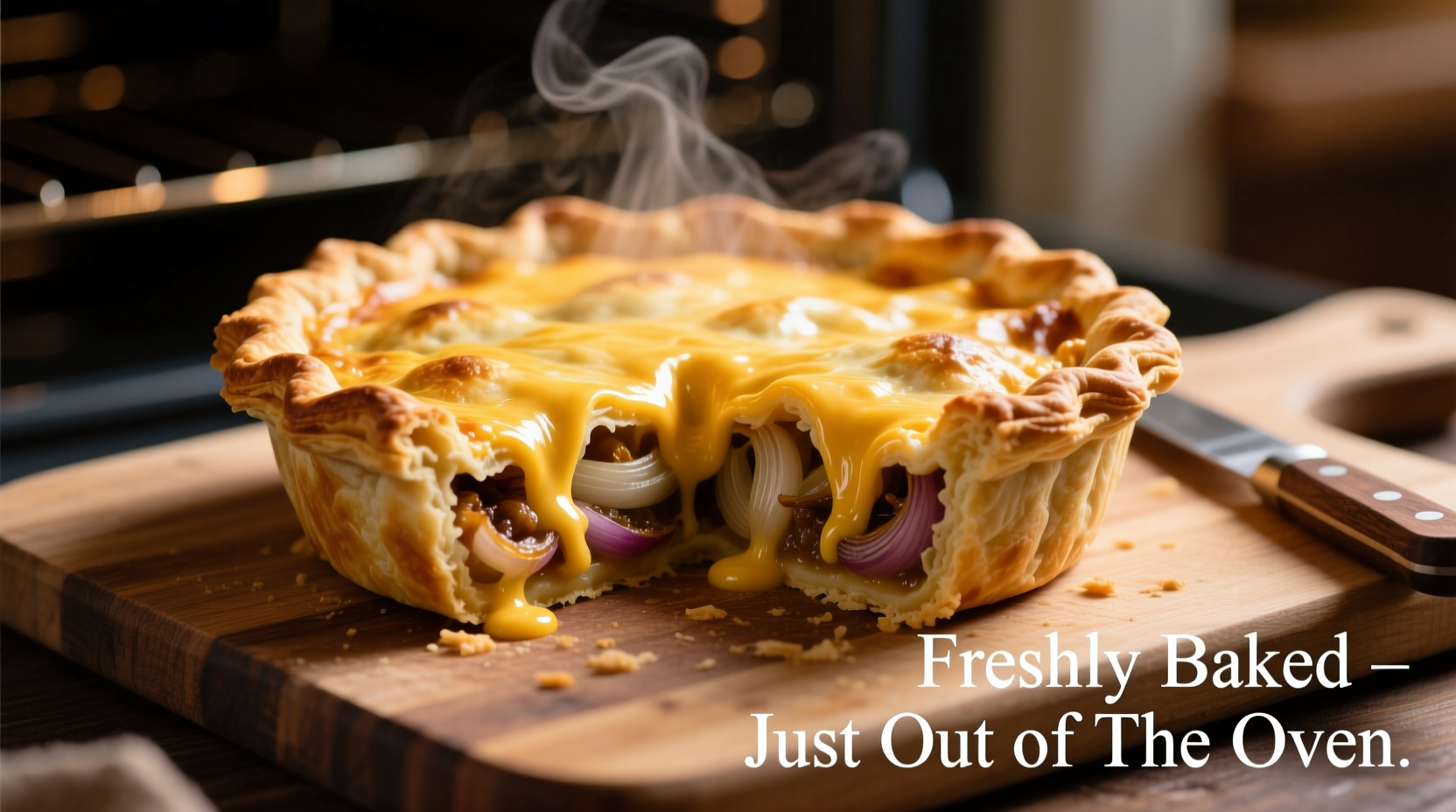 Golden cheese and onion pie fresh from oven