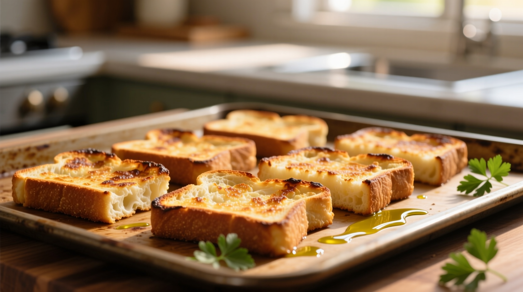 Golden brown cauliflower toast slices on baking sheet