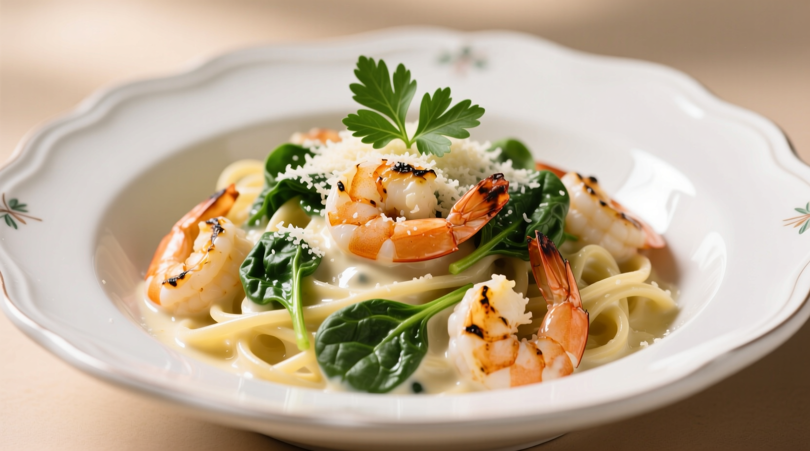 Creamy pasta shrimp and spinach in white bowl
