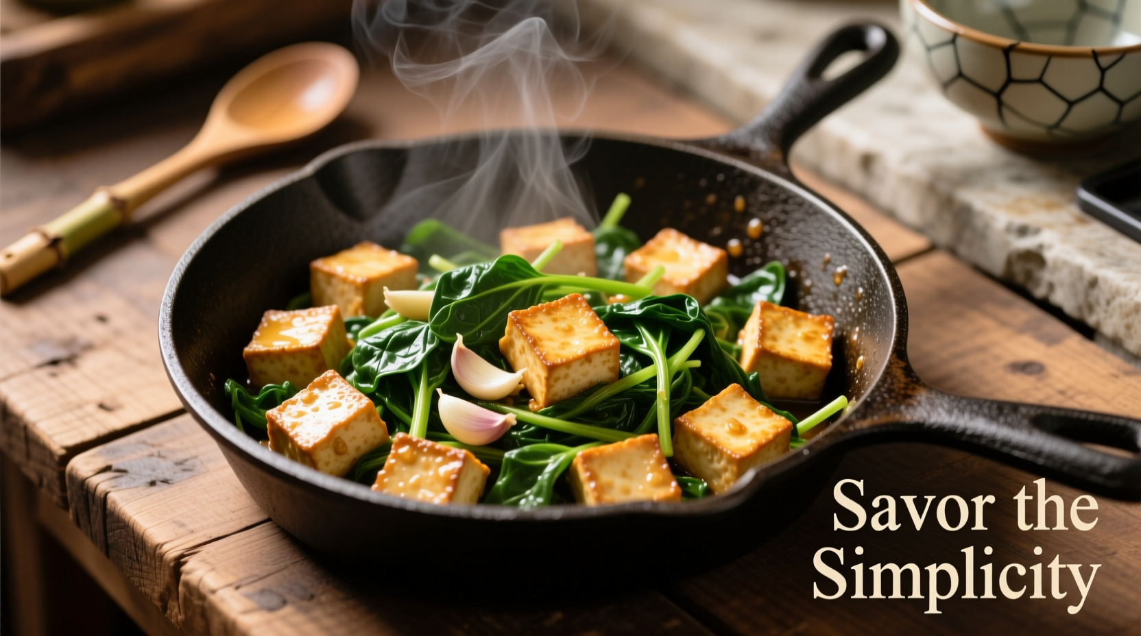 Tofu and spinach stir-fry in cast iron skillet