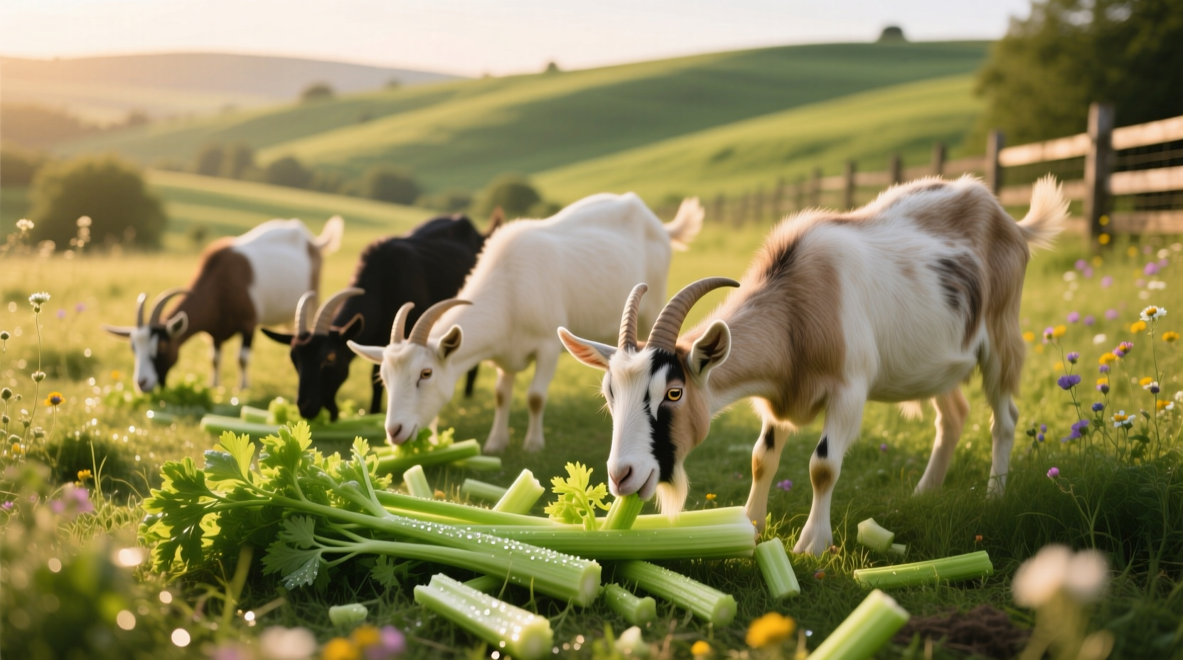 Healthy goats eating chopped celery in pasture