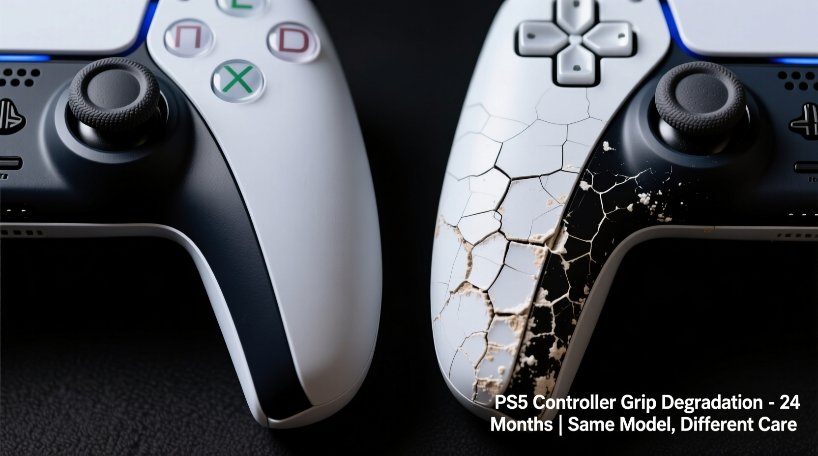 Close-up macro photograph showing intact PS5 controller grip texture next to a degraded grip with visible micro-cracks and whitened, chalky patches—same model, same age, different cleaning histories