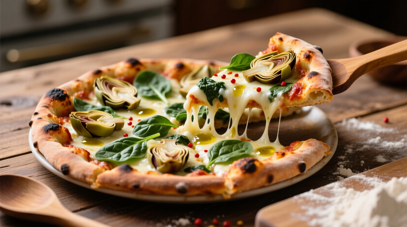 Homemade spinach artichoke pizza with melted cheese