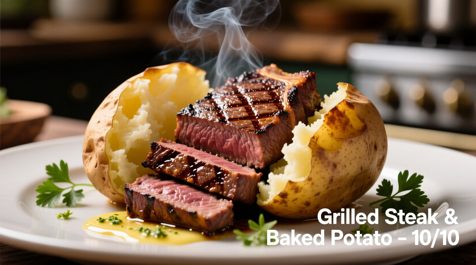 Perfectly grilled steak sliced over fluffy baked potato