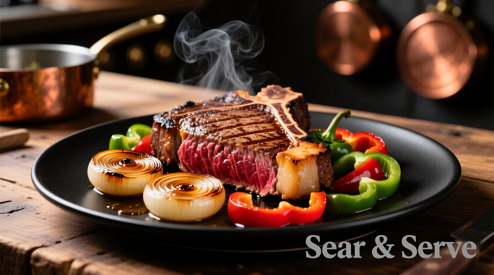 Perfectly seared steak with caramelized onions and peppers