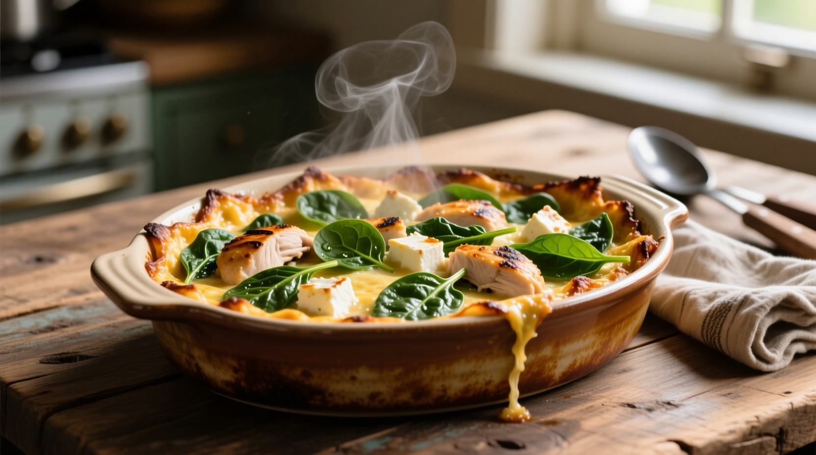 Chicken feta spinach bake in ceramic dish