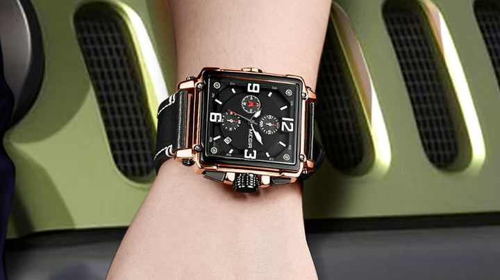 Orologio al Quarzo Rettangolare da Uomo Megir 2061, Cronografo Sportivo Elegante con Cinturino in Pelle, Design Semplice, Lancette, Cassa in Lega da 22mm