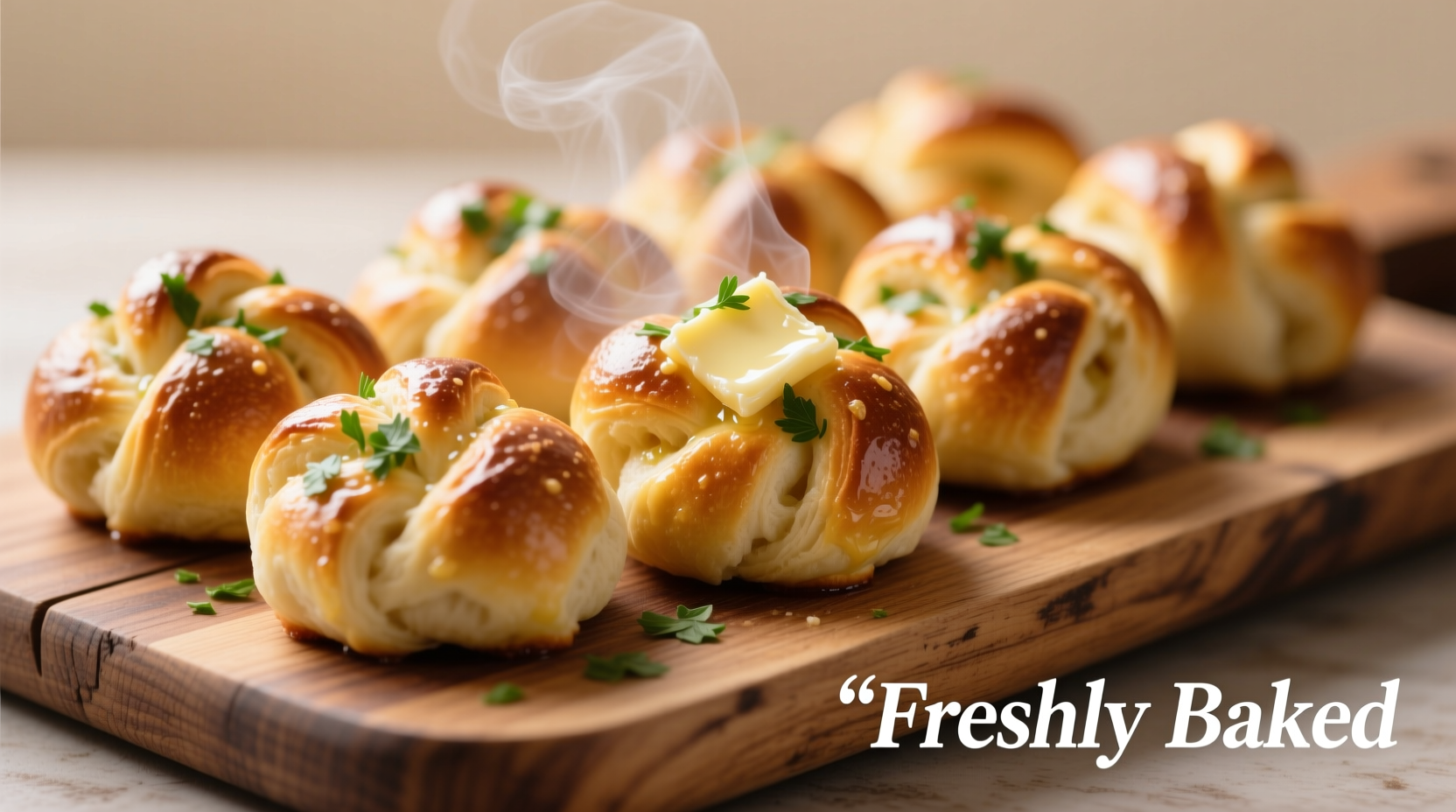 Freshly baked golden garlic knots on wooden board