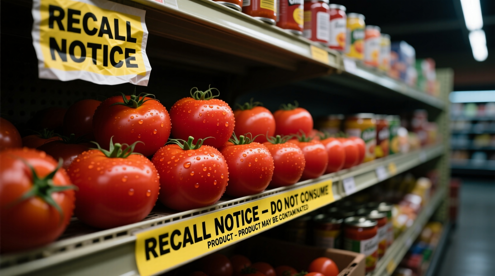 Fresh tomatoes on grocery store shelf with recall notice