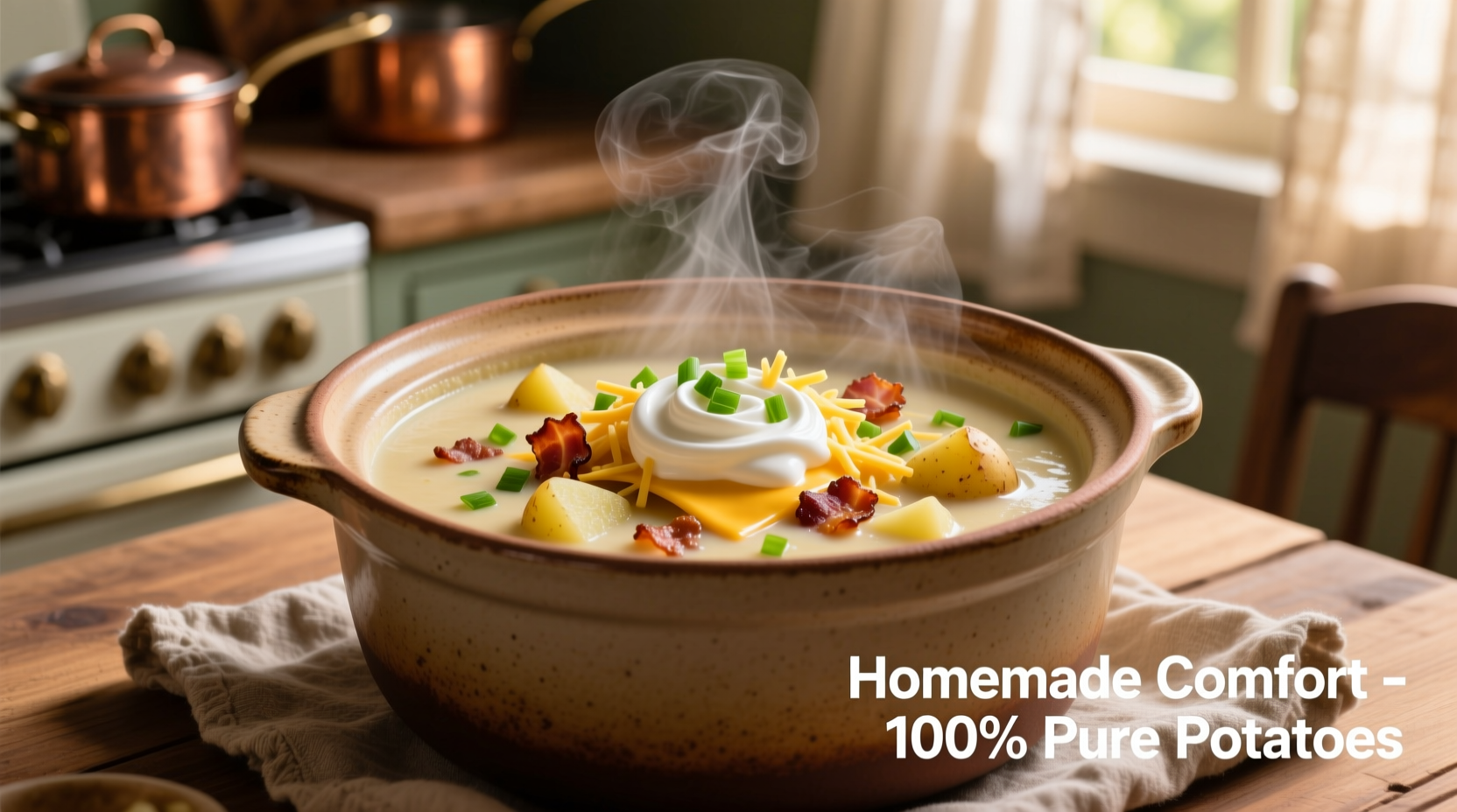 Creamy loaded potato soup in crock pot with toppings