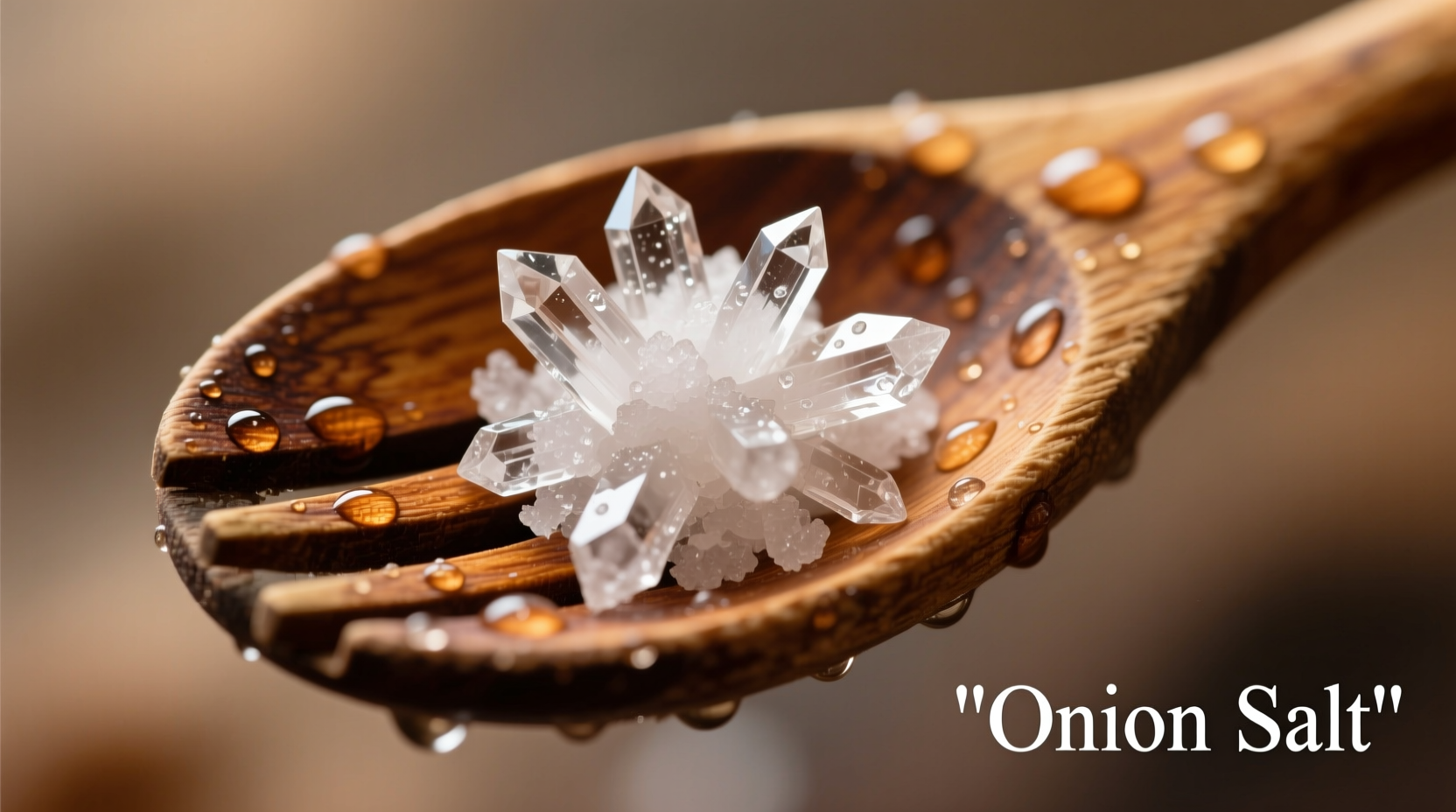 Close-up of onion salt crystals on wooden spoon