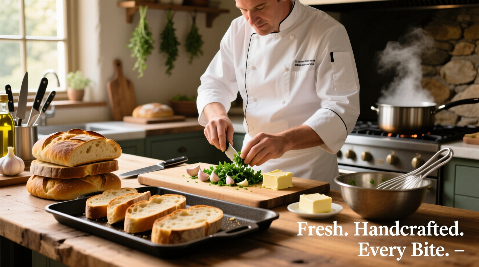 Chef preparing artisanal garlic bread dishes with fresh ingredients