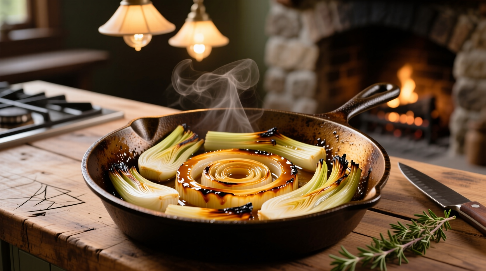 Golden caramelized fennel slices in cast iron skillet