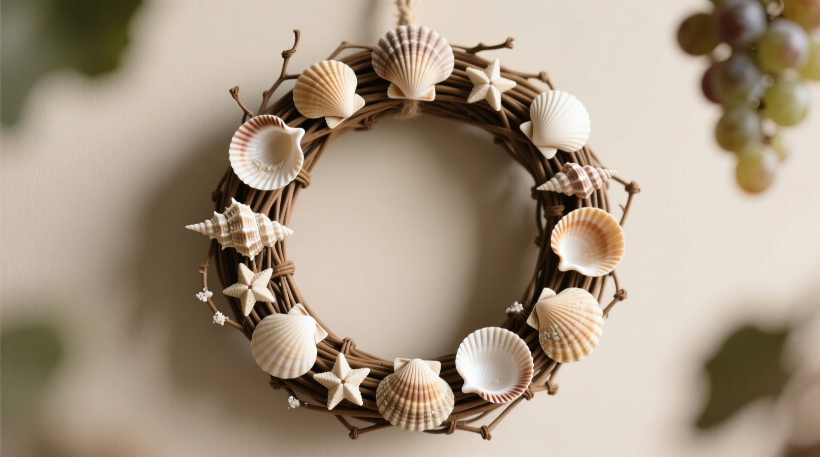 Circular grapevine wreath decorated with layered seashells and sand dollars