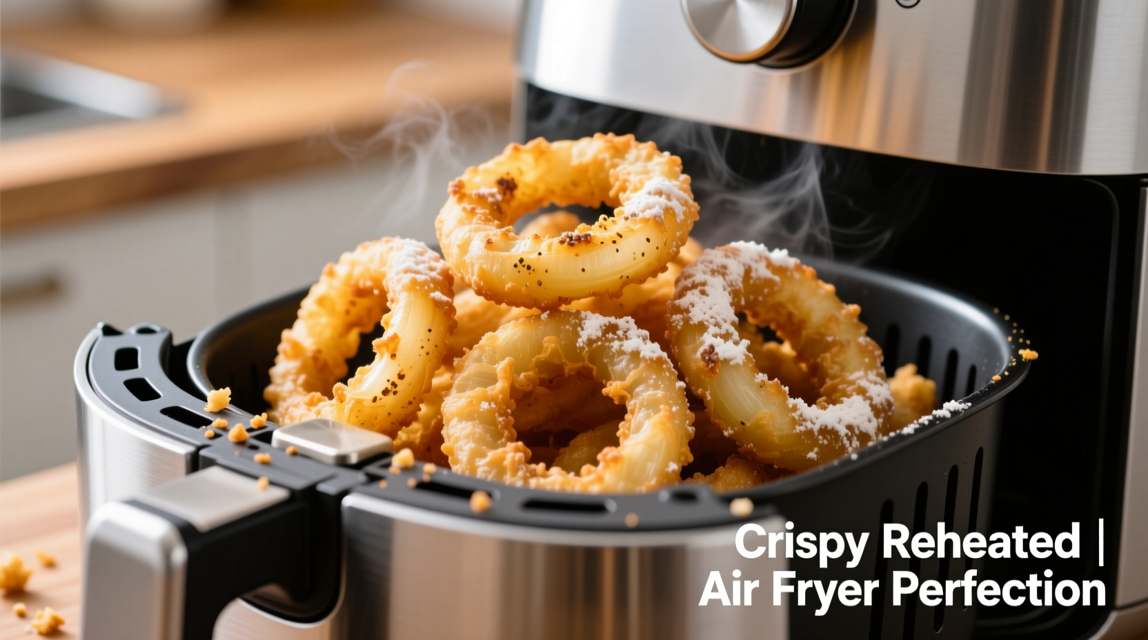 Crispy reheated onion rings in air fryer basket