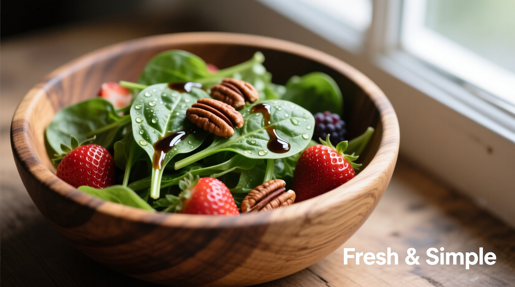 Fresh spinach strawberry pecan salad in wooden bowl