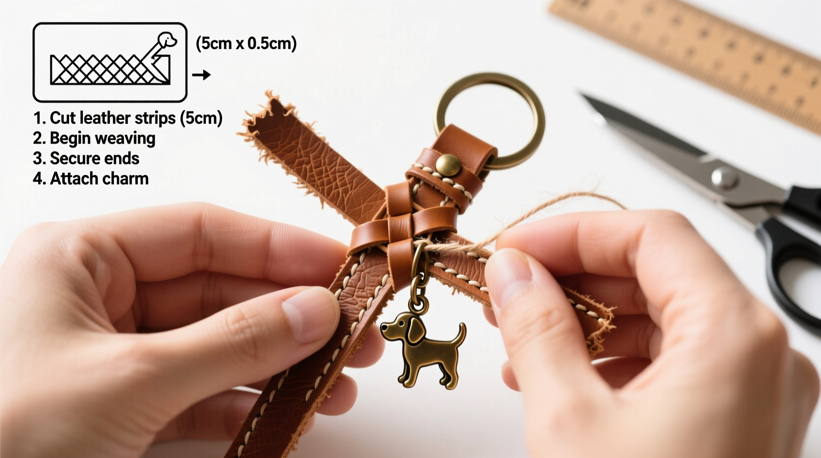 step by step guide to creating a woven leather dog charm keychain at home