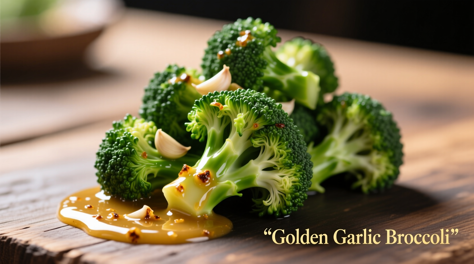 Crisp broccoli florets coated in golden garlic sauce